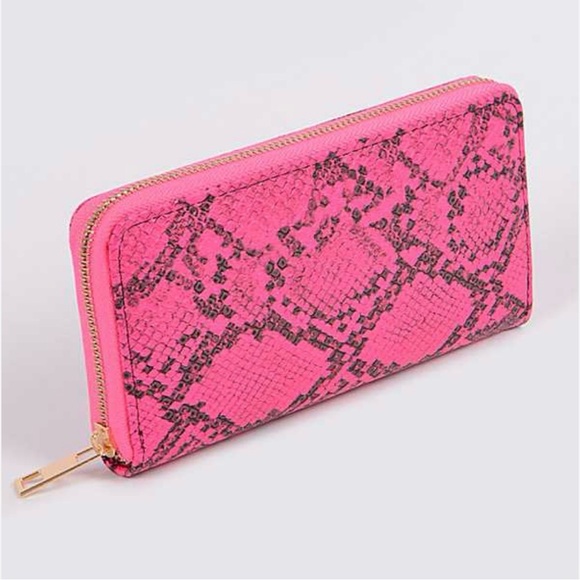 Neon Pink color, Accordion style wallet w/a zipper closure; Python print - Picture 3 of 9